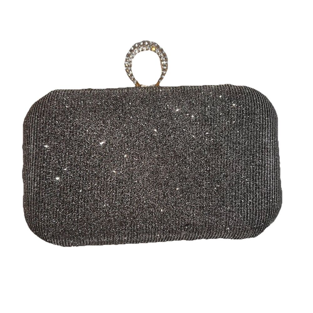 Clutch w/Rhinestone Ring Holder Silver NO STRAP Holiday/Bride Glam Party READ